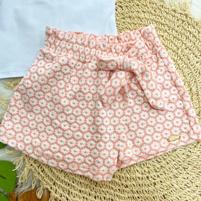 Conjunto Blusa Bloom e Shorts Saia Rosa com Florzinhas